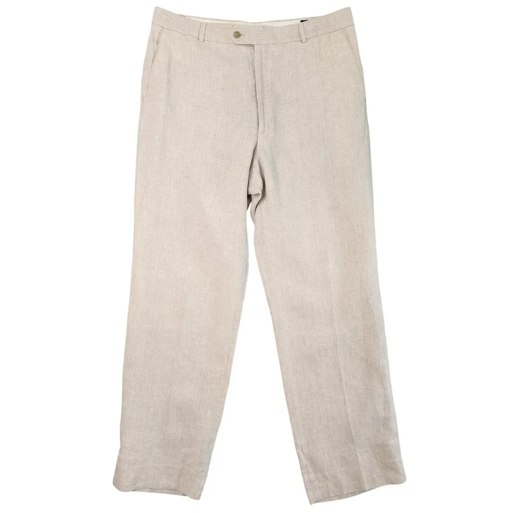 Haspel Linen Trousers Mens 34 Beige Straight Leg Flat Front Coastal Preppy Pants